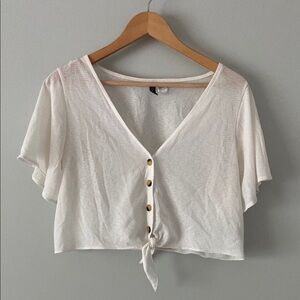 Divided H&M White Flutter Sleeve Button Down Crop Top Sheer Summer
